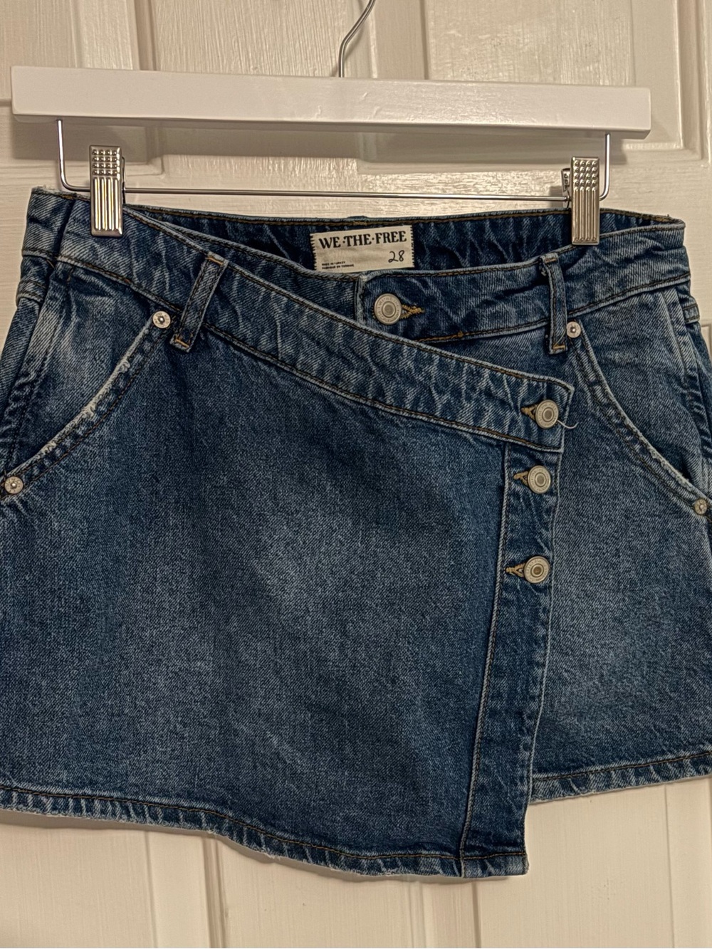 We The Free asymmetrical button-front denim mini skirt in dark blue